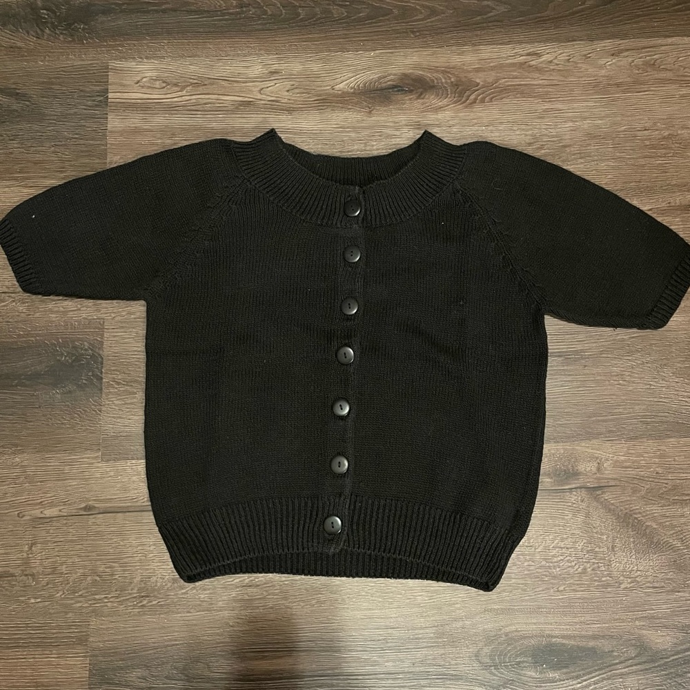 Black knitted button up short sleeve sweater